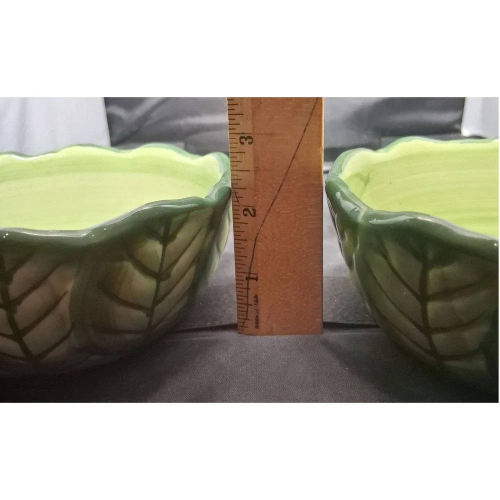 Set of 2 Ceramic Cabbage Leaf Bowls Green Scalloped Rim Hand Painted Bowls
